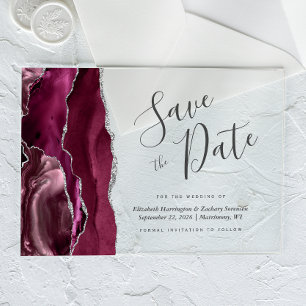 Invitations En Acrylique Carte de rappel moderne en burgundy et argent avec