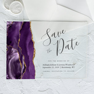Invitations En Acrylique Carte de rappel moderne violette et or Agate