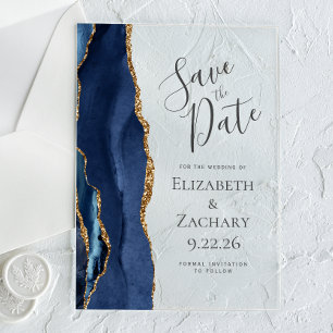 Invitations En Acrylique Carte de sauvegarde de date moderne agate bleu mar