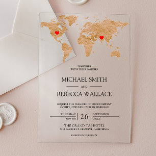 Invitations En Acrylique Carte du monde en marbre bronze pour les cœurs voy