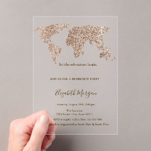 Invitations En Acrylique Carte du monde rose doré pailletée pour retraite