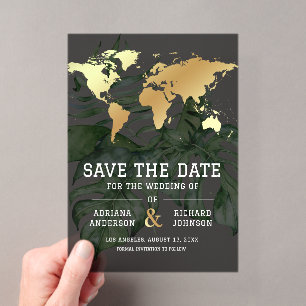 Invitations En Acrylique Carte du monde tropicale en or foncé pour mariage