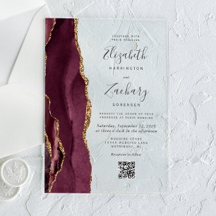 Invitations En Acrylique Carton de mariage à code QR en agate dorée de Bour