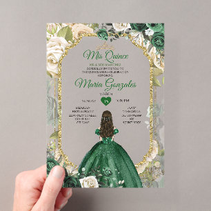 Invitations En Acrylique Carton de Quinceañera Vert Émeraude à Paillettes D