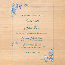 Carton d'invitation de mariage floral bleu et blan
