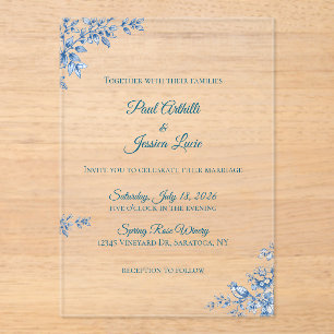 Invitations En Acrylique Carton d'invitation de mariage floral bleu et blan