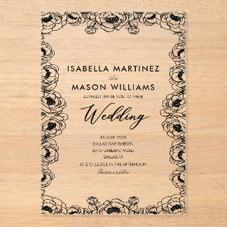 Invitations En Acrylique carton d'invitation de mariage JARDIN FLORAL noir