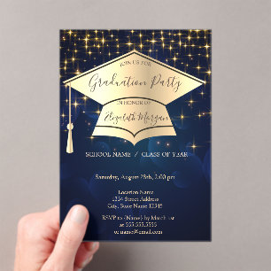 Invitations En Acrylique Casquette de remise de diplôme en or, étoiles fond