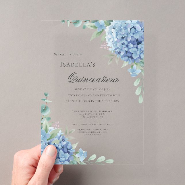 Invitations En Acrylique Célébration de Quinceañera Hydrangea Bleue 15 (In situ (ordinateur de poche))