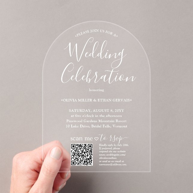 Invitations En Acrylique Célébration du Mariage de script simple QR RSVP Ar (In situ (ordinateur de poche))