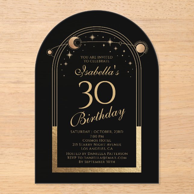 Invitations En Acrylique Céleste Black Gold Sun Moon Stars 30e anniversaire (Recto)
