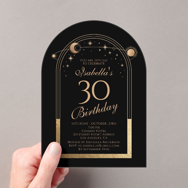 Invitations En Acrylique Céleste Black Gold Sun Moon Stars 30e anniversaire (In situ (ordinateur de poche))