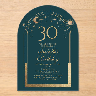 Invitations En Acrylique Celestial Green Gold Sun Moon Stars 30e anniversai