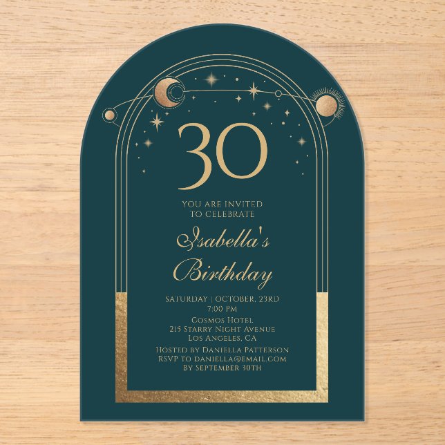 Invitations En Acrylique Celestial Green Gold Sun Moon Stars 30e anniversai (Recto)