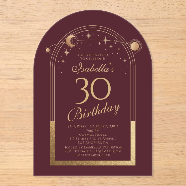Invitations En Acrylique Celestial Red Gold Sun Moon Stars 30e anniversaire (Recto)