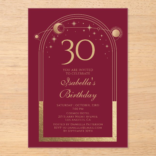 Invitations En Acrylique Celestial Red Gold Sun Moon Stars 30e anniversaire (Recto)