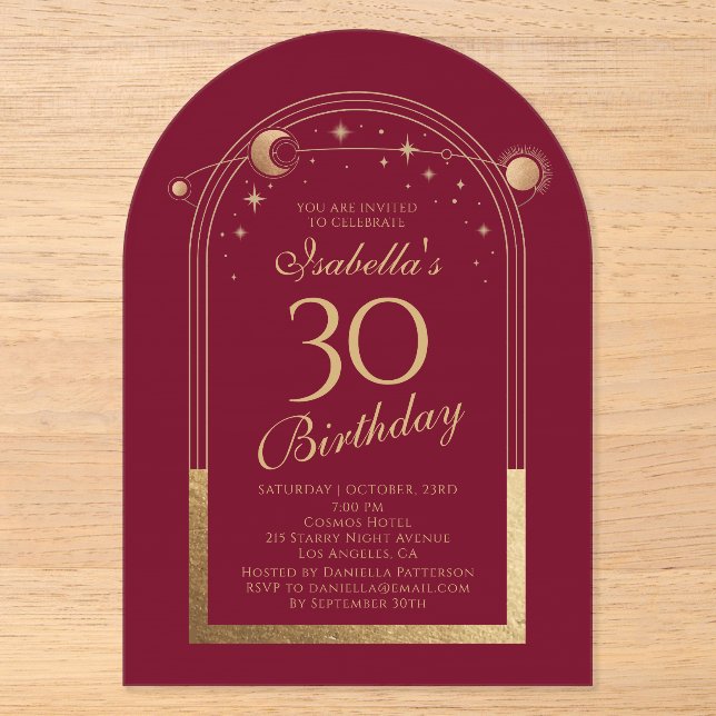 Invitations En Acrylique Celestial Red Gold Sun Moon Stars 30e anniversaire (Recto)
