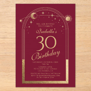Invitations En Acrylique Celestial Red Gold Sun Moon Stars 30e anniversaire