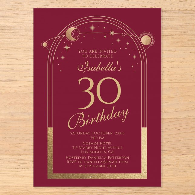 Invitations En Acrylique Celestial Red Gold Sun Moon Stars 30e anniversaire (Recto)