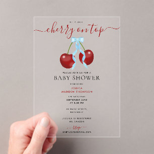 Invitations En Acrylique Cerise sur le dessus Baby shower moderne Blue Bow 