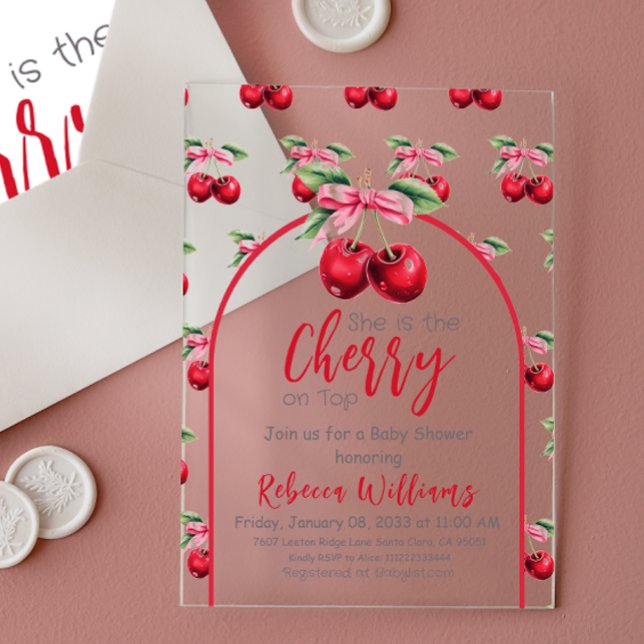 Invitations En Acrylique Cerise sur le dessus Coquette Baby shower de fille (Créateur téléchargé)