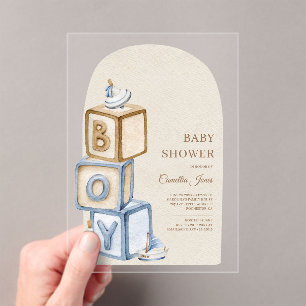 Invitations En Acrylique C'est un garçon Bleu Boho Blocks Et Baby shower de