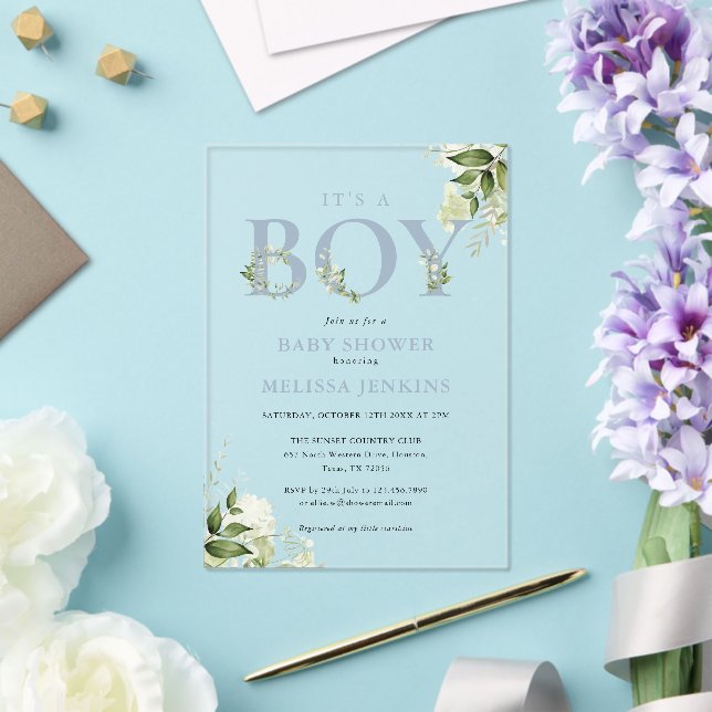 Invitations En Acrylique C'est un garçon Dusty Blue Greenery Baby shower (Insitu (Mariage))