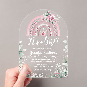 Invitations En Acrylique c'est une fille, bébé fille arc-en-ciel floral ros