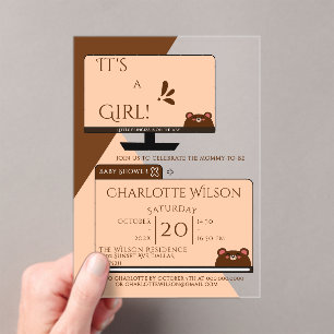 Invitations En Acrylique C'est une fille ! Ours mignon Écran d'ordinateur B