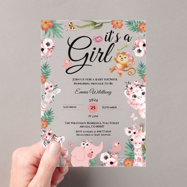 Invitations En Acrylique C'est une fille Safari fille Baby shower rose Jung (In situ (ordinateur de poche))