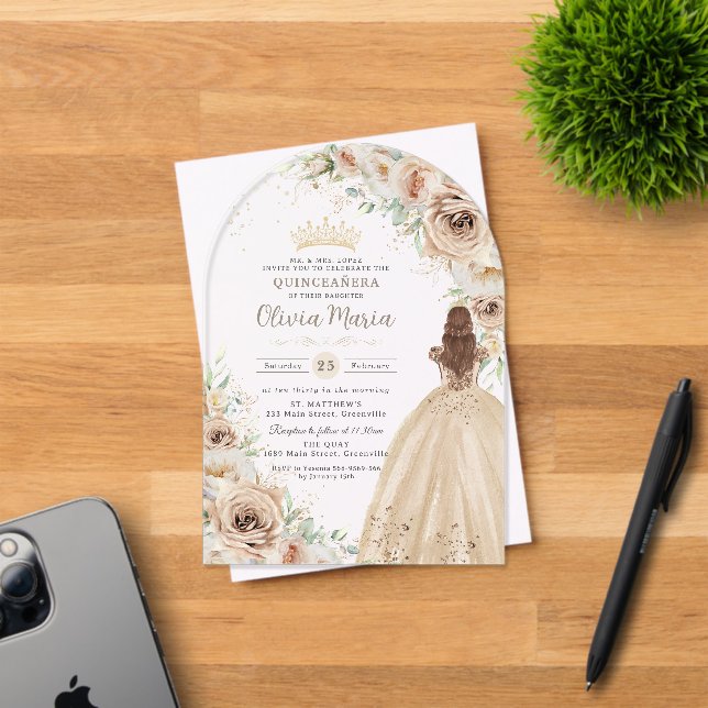 Invitations En Acrylique Champagne Crème Beige Florale Princesse Quinceañer (Insitu (Carte d'invitation))