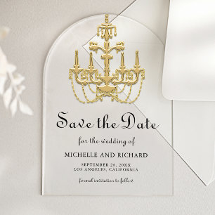 Invitations En Acrylique Chandelier Doré Mariage Enregistrer la Date
