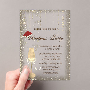 Invitations En Acrylique Chapeau de Père Noël sur un verre à champagne pour