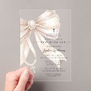 Invitations En Acrylique Chapelet de perles avec noeud Première communion