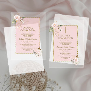 Invitations En Acrylique Charm Blush Or rose Croix Flore Sainte Communion