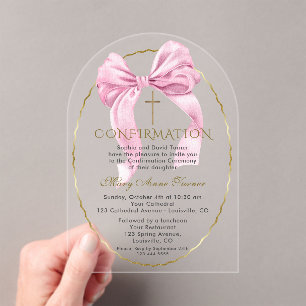 Invitations En Acrylique Charm Pink Bow Gold confirmation fille transparent