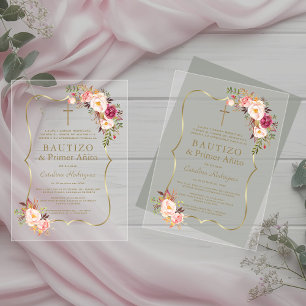 Invitations En Acrylique Charme Or rose Fleurs de Blush 1er Anniversaire Ba