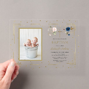 Invitations En Acrylique Charme Rose Bleu Floral Twins Photo Baptême