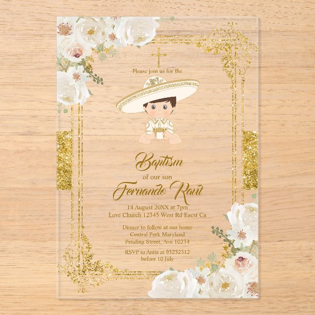 Invitations En Acrylique Charro Mexican Gold Fiesta Boy Baptism Christening (Recto)