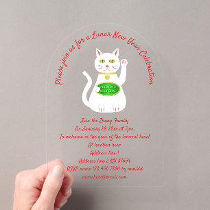 Invitations En Acrylique Chat Oriental Lucky Personnalisé Nouvel An Lunaire