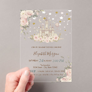 Invitations En Acrylique Château Aquarelle,Fleurs,Etoiles Dorées Baby Showe
