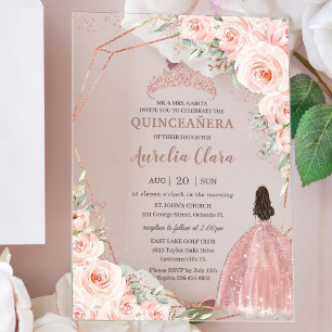 Invitations En Acrylique Chic Blush Floral Rose Gold Quinceañera Princess