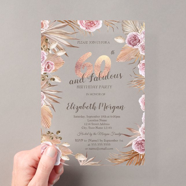 Invitations En Acrylique Chic Boho Flowers Rose Gold 60e anniversaire (In situ (ordinateur de poche))