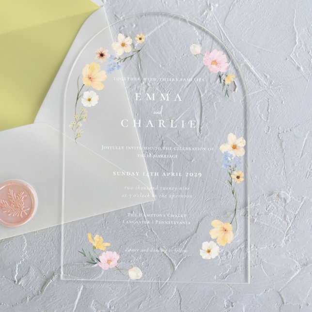 Invitations En Acrylique Chic Boho Pastel Fleurs sauvages Printemps Mariage (Créateur téléchargé)