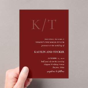 Invitations En Acrylique Chic Bourgogne rouille Gras Monogramme Élégant Mar