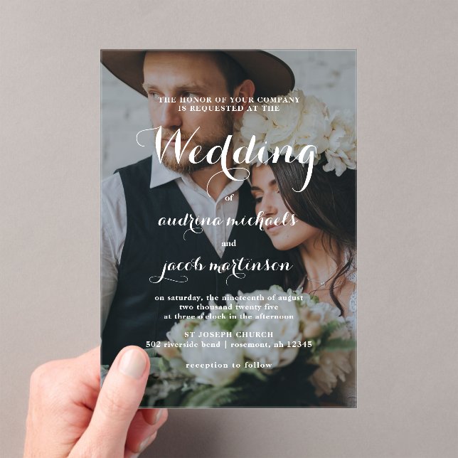 Invitations En Acrylique Chic Calligraphie Script Mariage photo classique (In situ (ordinateur de poche))