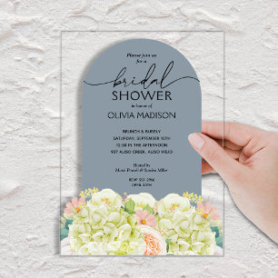 Invitations En Acrylique Chic Fleurs Aquarelle Bleu Poussiéreux Baby Shower