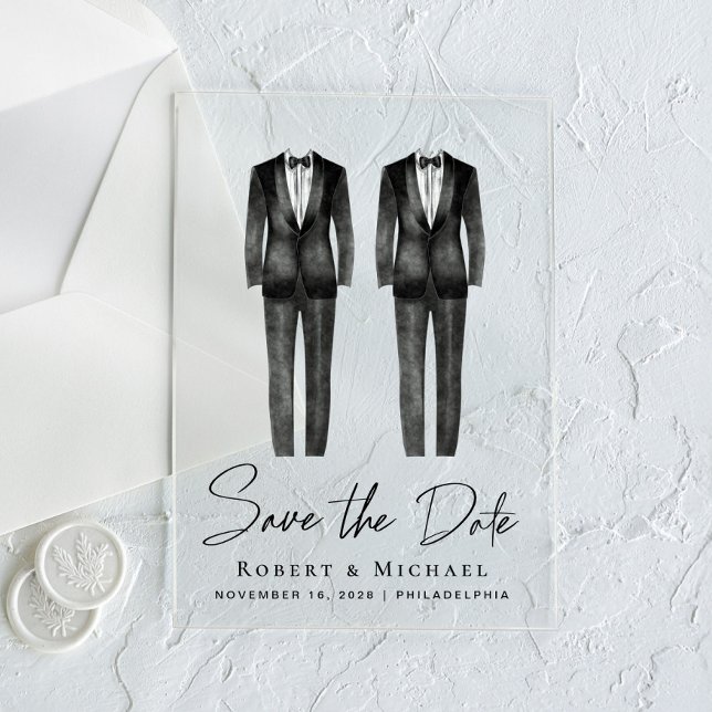 Invitations En Acrylique Chic Gay Mariage Tuxedo Aquarelle Enregistrer la d (Make your day unforgettable with stunning arched acrylic save the dates—modern, elegant, unique!)