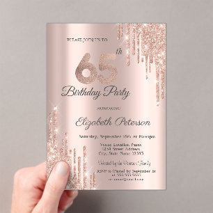 Invitations En Acrylique Chic Glitter Drips Rose Gold 65e Anniversaire