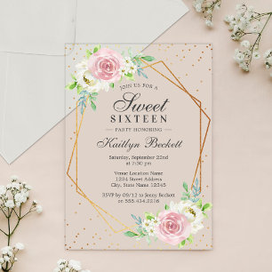 Invitations En Acrylique Chic Gold Foil Floral Sweet 16 anniversaire